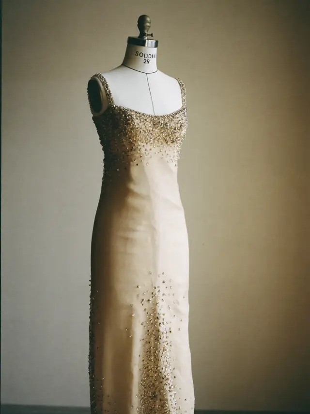 A beaded evening gown on a dress form